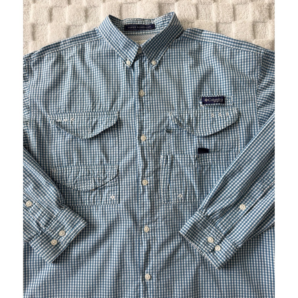 Columbia PFG Super Bonehead Fishing Shirt Mens Medium Blue Gingham Long Sleeve